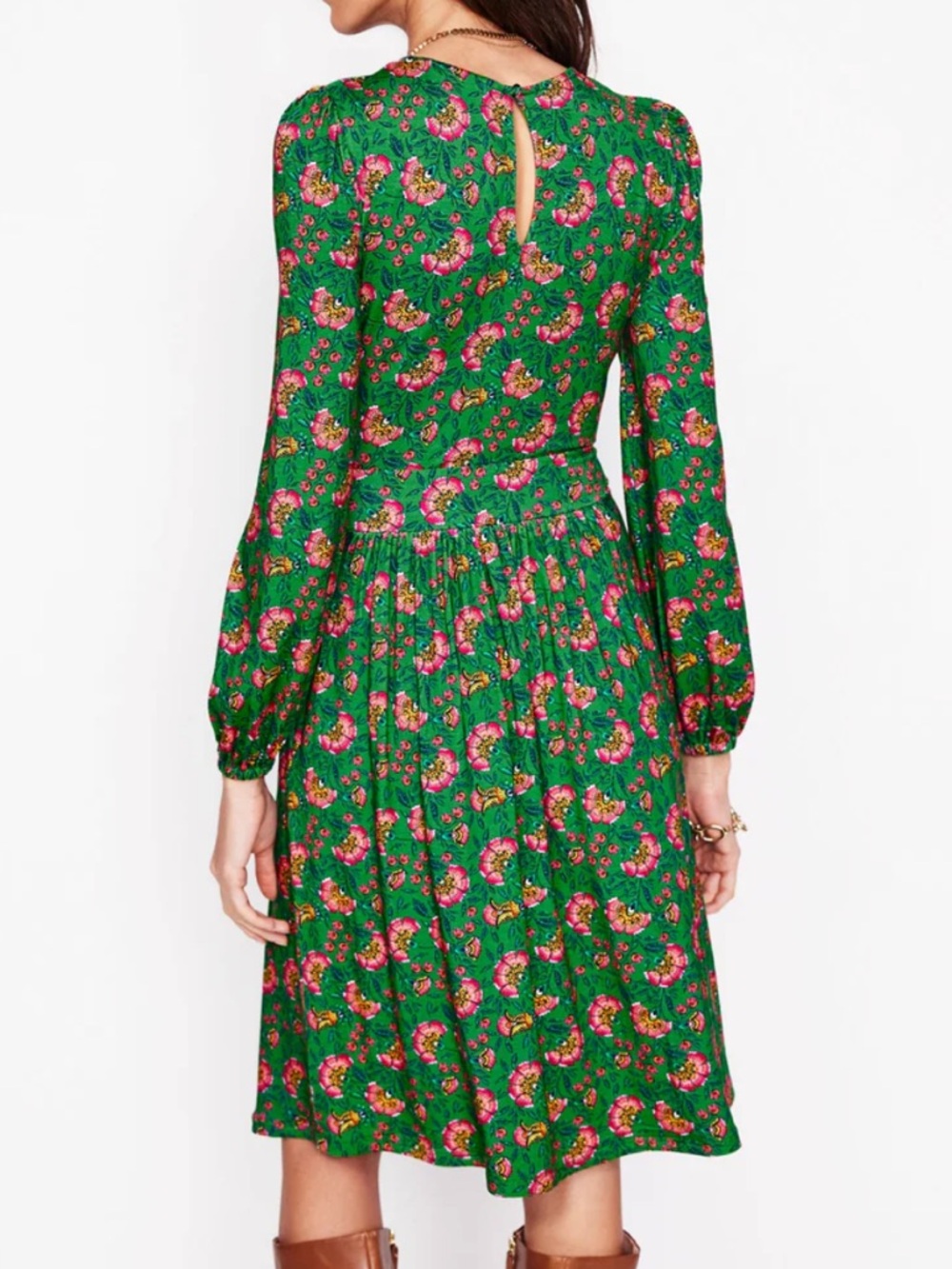 Boden Alexandra Blouson Jersey Dress in Paradise Green - Picture 2 of 8